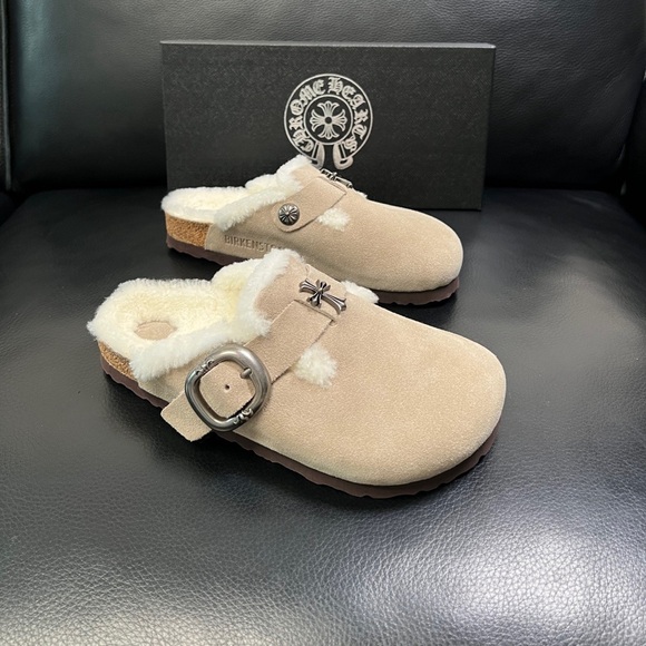 Chrome Hearts Shoes - Chrome Hearts Cream Suede Shearling Clogs with Silver Buckle